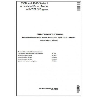 PDF 350D, 400D S2 John Deere Articulated Dump Truck (TM11518) Diagnostic & test Service Manual