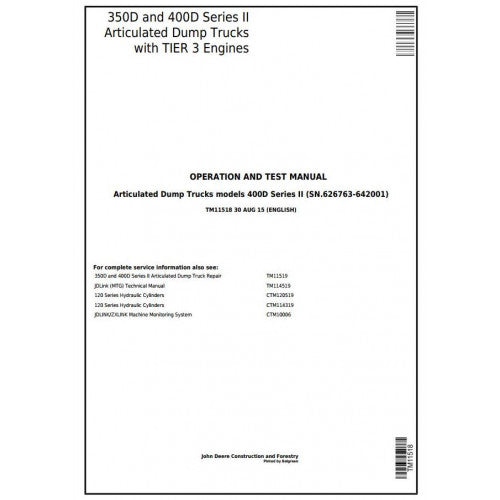 PDF 350D, 400D S2 John Deere Articulated Dump Truck (TM11518) Diagnostic & test Service Manual
