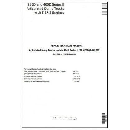 PDF 350D, 400D Ser.2 John Deere Articulated Dump Truck (TM11519) Service Repair Manual