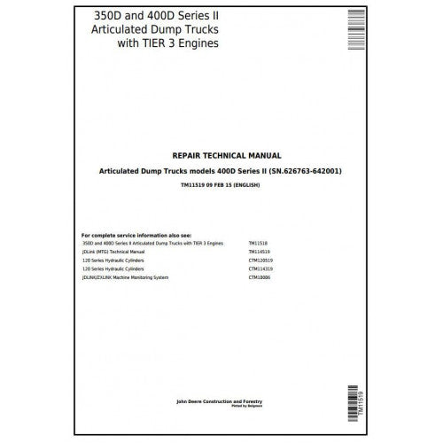 PDF 350D, 400D Ser.2 John Deere Articulated Dump Truck (TM11519) Service Repair Manual