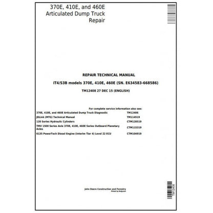 PDF 370E, 410E, 460E John Deere Articulated Dump Truck (TM12408) Service Repair Manual
