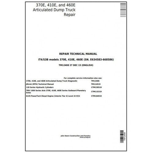 PDF 370E, 410E, 460E John Deere Articulated Dump Truck (TM12408) Service Repair Manual