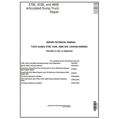 PDF 370E, 410E, 460E John Deere Articulated Dump Truck (TM12409) Service Repair Manual