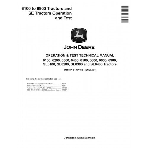 PDF 6100, 6100SE, 6200, 6200SE, 6300, 6300SE, 6400, 6400SE, 6506, 6600, 6800 and 6900 John Deere Tractor (TM4487) Operation and Test Manual