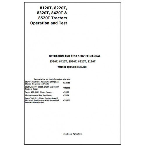 PDF 8120T, 8220T, 8320T, 8420T, 8520T John Deere Tracks Tractor (TM1981) Operation & Test Service Manual