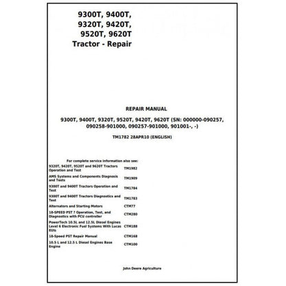 PDF 9300T, 9400T, 9320T, 9420T, 9520T, 9620T John Deere Tracks Tractor (TM1782) Service Repair Manual 