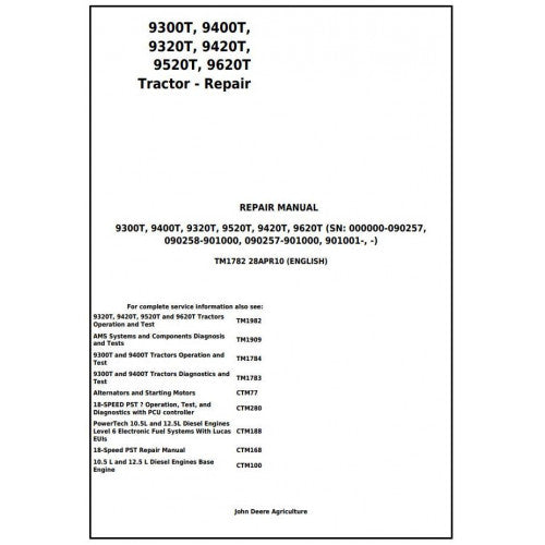 PDF 9300T, 9400T, 9320T, 9420T, 9520T, 9620T John Deere Tracks Tractor (TM1782) Service Repair Manual 