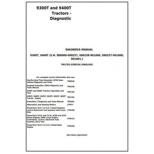 PDF 9300T and 9400T John Deere Tracks Tractor (TM1783) Diagnosis and Tests Service Manual