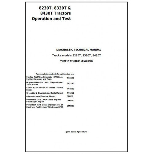 Pdf 8230T, 8330T & 8430T John Deere Tracks Tractor (TM2215) Diagnosis and Tests Service Manual