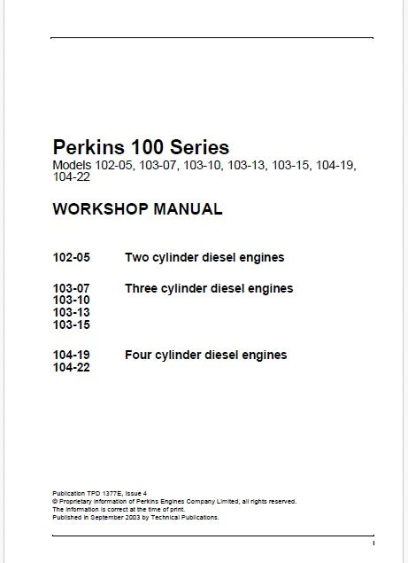 Perkins 102-05, 103-07, 103-10, 103-13, 103-15, 104-19, 104-22 Engine Service Manual
