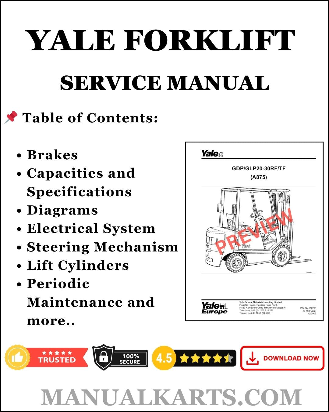 Yale B891 (MPW080) Forklift Truck Pdf Service Manual