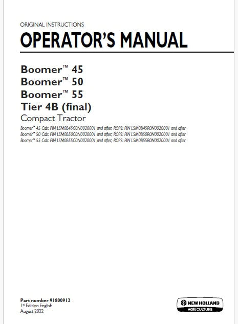 New Holland Boomer 45, Boomer 50, Boomer 55 Compact Tractor Pdf Operator's Manual