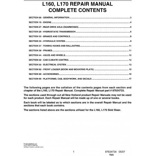 New Holland L160, L170 Skid Steer Loader Pdf Repair Service Manual (p. Nb. 87634733NA)