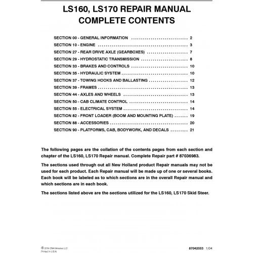 New Holland LS160, LS170 Skid Steer Loader Pdf Repair Service Manual (p. Nb. 87036983)
